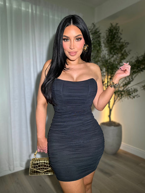Glam Ruched Black Dress