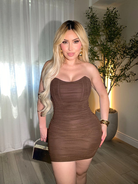 Glam Ruched Brown Mini Dress