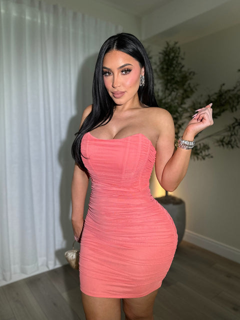 Glam Ruched Coral Dress