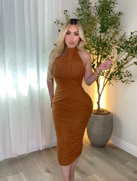 Opulent Caramel Midi Dress